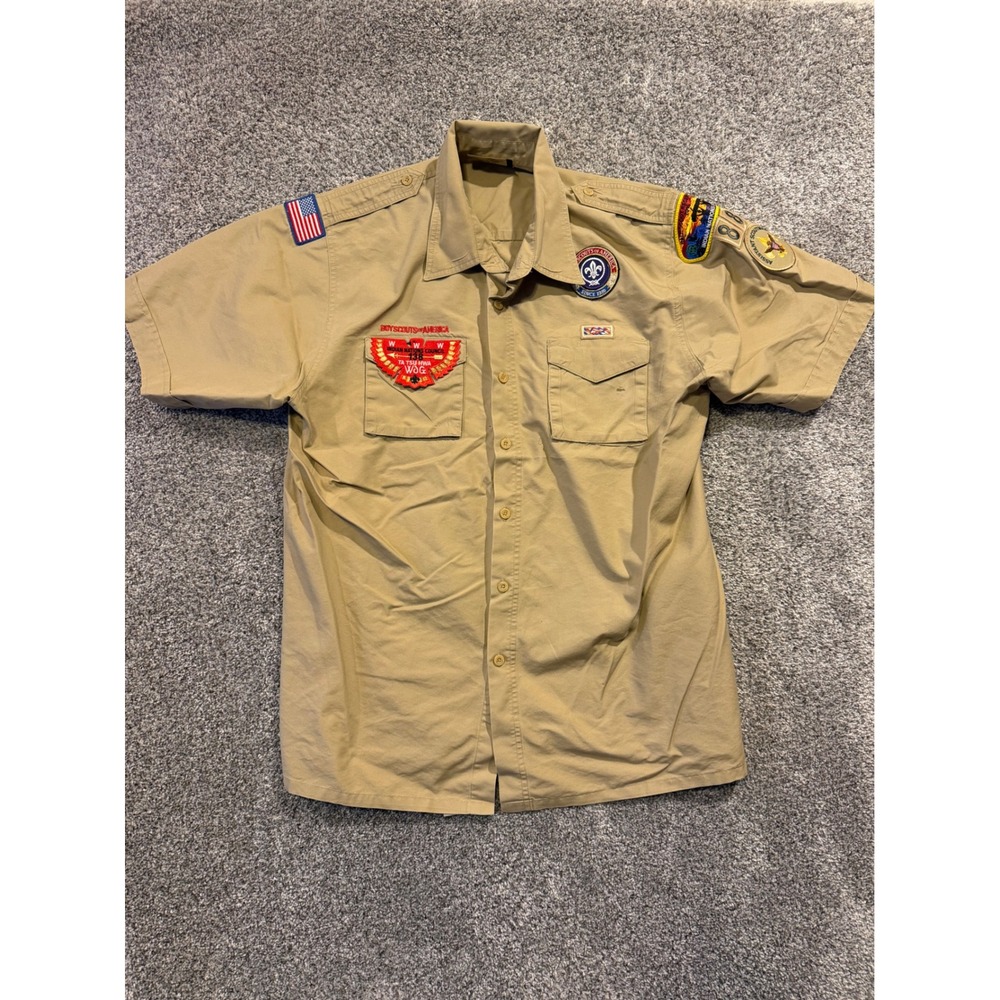 Boy Scouts of America Uniform Shirt Mens L Tan Indian Nations Council Patches SS
